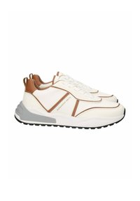 Hvide sneakers med brune læderdetaljer, tekstureret design, polstret sål og grå gummidetaljer. Har snørebånd og en pull-tab ved hælen.