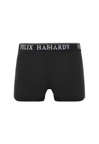 Boxers noirs avec une large ceinture élastique arborant "FELIX HARDDY" en lettres blanches. Texture lisse et design ajusté.