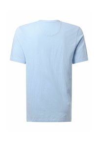 Hellblaues T-Shirt mit kurzen Ärmeln und Rundhalsausschnitt, aus weichem Stoff mit leicht strukturiertem Finish. Nur Rückansicht.