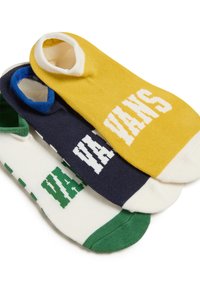 Drei Paar niedrige Socken in Gelb, Marineblau und Weiß mit dem "VANS"-Logo in kontrastierenden Farbtönen. Strukturierte Rippung an den Öffnungen.