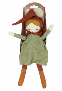 Soft fabric doll with a green dress, brown accents, a red scarf, and a smiling face. Features articulated limbs and a textile texture.