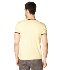 Yellow short-sleeve t-shirt featuring a brown ribbed collar and sleeve hems. The back shows a smooth, lightly textured fabric.