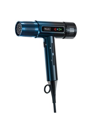 Dark blue Wahl hairdryer with digital display, temperature and speed controls, and a power cord with a hanging loop.