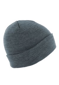 Berretto in maglia grigio con cuffia piegata, caratterizzato da un tessuto testurizzato e una forma semplice e arrotondata.