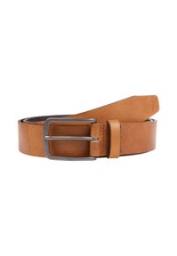 Tan leather belt with a smooth texture, featuring a silver metal buckle and a single leather loop, designed for adjustable fitting.