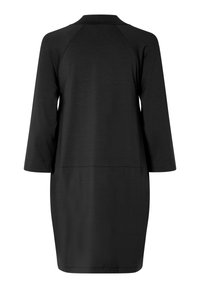 Schwarz Kleid mit dreiviertelärmeln, geradem Schnitt und glatter Textur. Einfaches Design ohne sichtbare Muster oder Verzierungen.