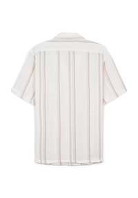 Beige Hemd mit kurzen Ärmeln und schmalen, vertikalen, hellbraunen Streifen; verfügt über einen klassischen Kragen und ein entspanntes Schnittdesign.