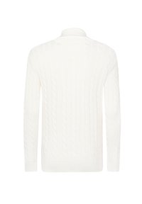 Maglione bianco a treccia con colletto alto e polsini a coste. La texture è morbida con un motivo di cavi attorcigliati in rilievo.