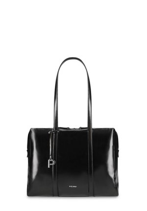 Schwarze glänzende Lederhandtasche mit zwei langen Henkeln, silbernem Reißverschluss, hängendem "P" Anhänger und Markennamen "Picard" in der vorderen Mitte.