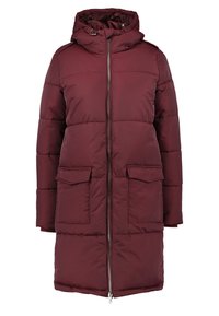 Giacca puffo bordeaux con cappuccio, zip frontale, due grandi tasche frontali, design trapuntato e cordini regolabili al collo.