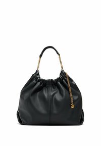 Black leather pouch bag with gathered top, gold chain handle, and textured surface. Features soft, slouchy design for a casual aesthetic.