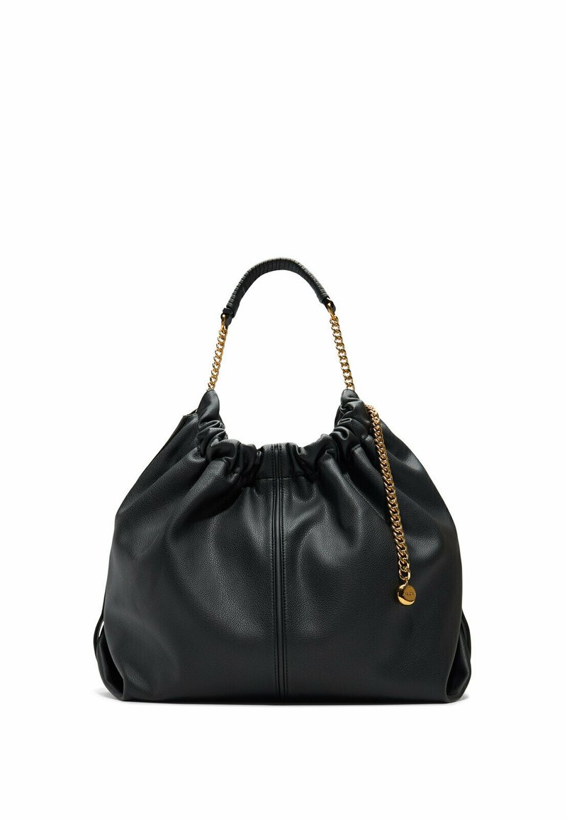 Black leather pouch bag with gathered top, gold chain handle, and textured surface. Features soft, slouchy design for a casual aesthetic.