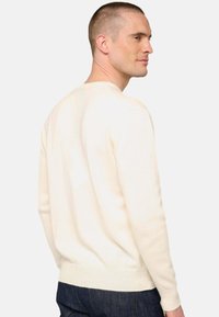 Pull en tricot couleur crème avec un col rond, des poignets et un ourlet côtelés ; présenté de dos, montrant une texture lisse et une coupe décontractée.