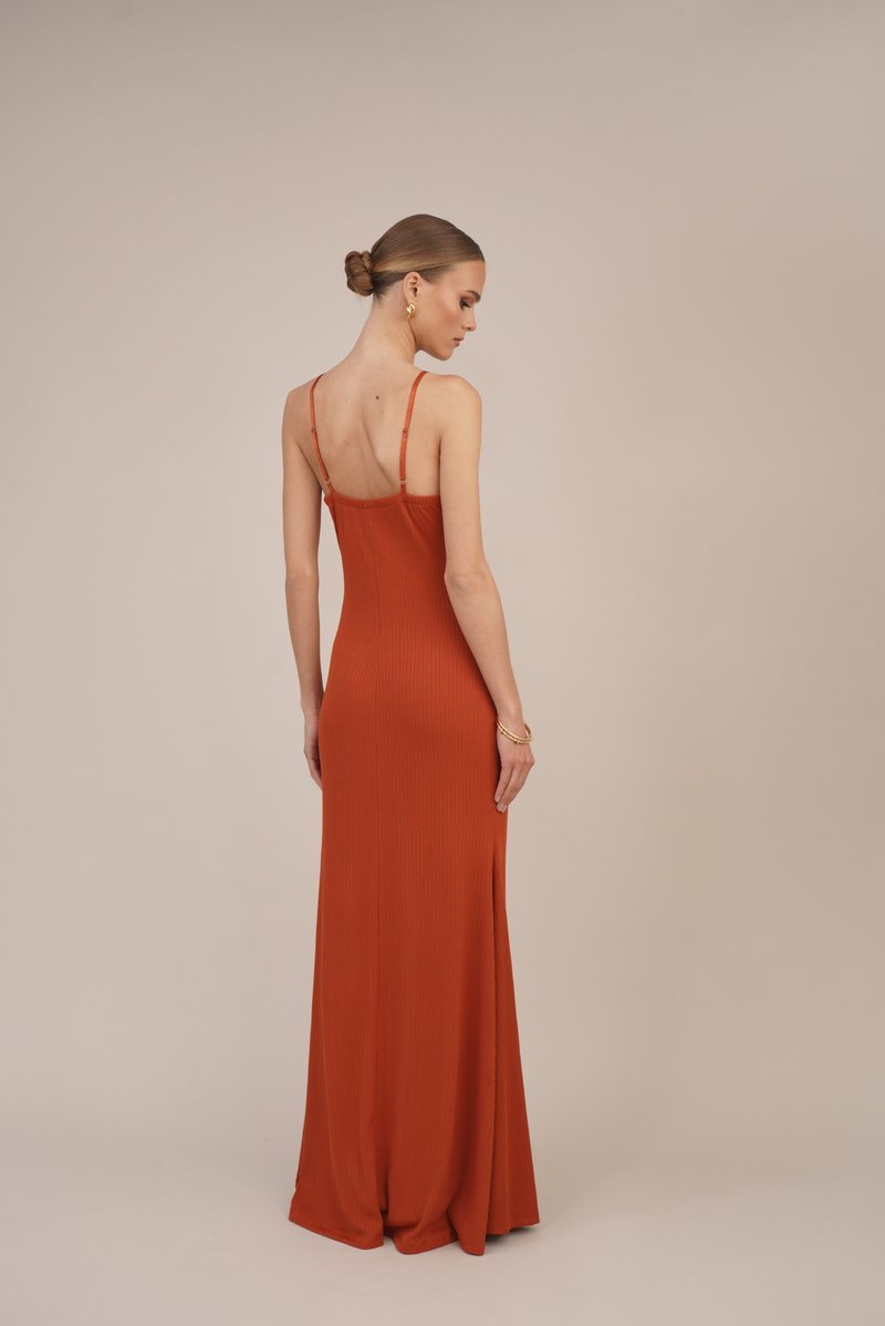 burnt orange maxi dress uk MARY Burnt Orange Rose Detail Maxi Dress with Tie Back