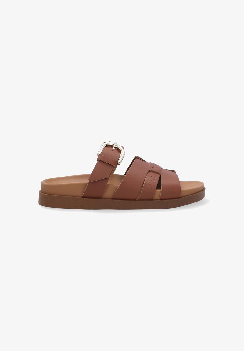 Brown leather slide sandals featuring two wide straps with a buckle detail, a cushioned footbed, and a flat rubber sole.
