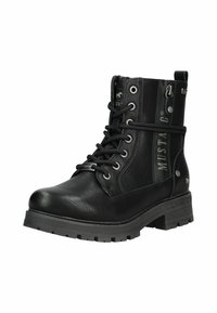Schwarze Leder-Ankle-Boots mit runder Zehenform, Schnürung vorne, metallischen Ösen, strukturierten Einsätzen und einer robusten Gummisohle.