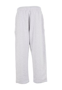 Gray cotton sweatpants with an elastic waistband, two side pockets, and a loose, straight-leg design. Soft texture, casual style.