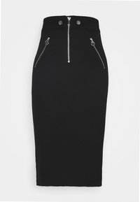 Zwarte kokerrok tot de knie met een hoge taille, voorzien van een ritssluiting aan de voorkant en twee ritszakken aan de zijkanten voor extra detail.