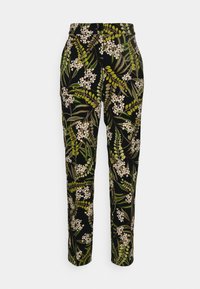 Pantalons noirs avec un motif floral vibrante composé de feuilles vertes et de fleurs blanches, coupe slim, texture lisse et taille standard.