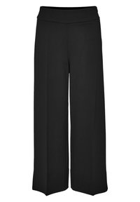 Pantalon noir à jambes larges avec une texture lisse et un tissu uni, doté d'une taille haute. L'ourlet est droit et ne présente aucun fermoir ou motif visible.