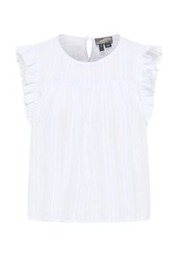 Top bianco senza maniche con dettagli a volant, scollatura rotonda e apertura a goccia sul retro. Realizzato in un tessuto sottile e texturizzato con strisce verticali.