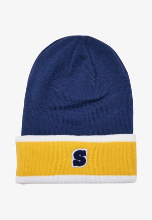 Navy sinine kudumine beanie, millel on kollane ja valge triibuline äär ning sinine tikandiga "S". Pehme ja veniv kangas.