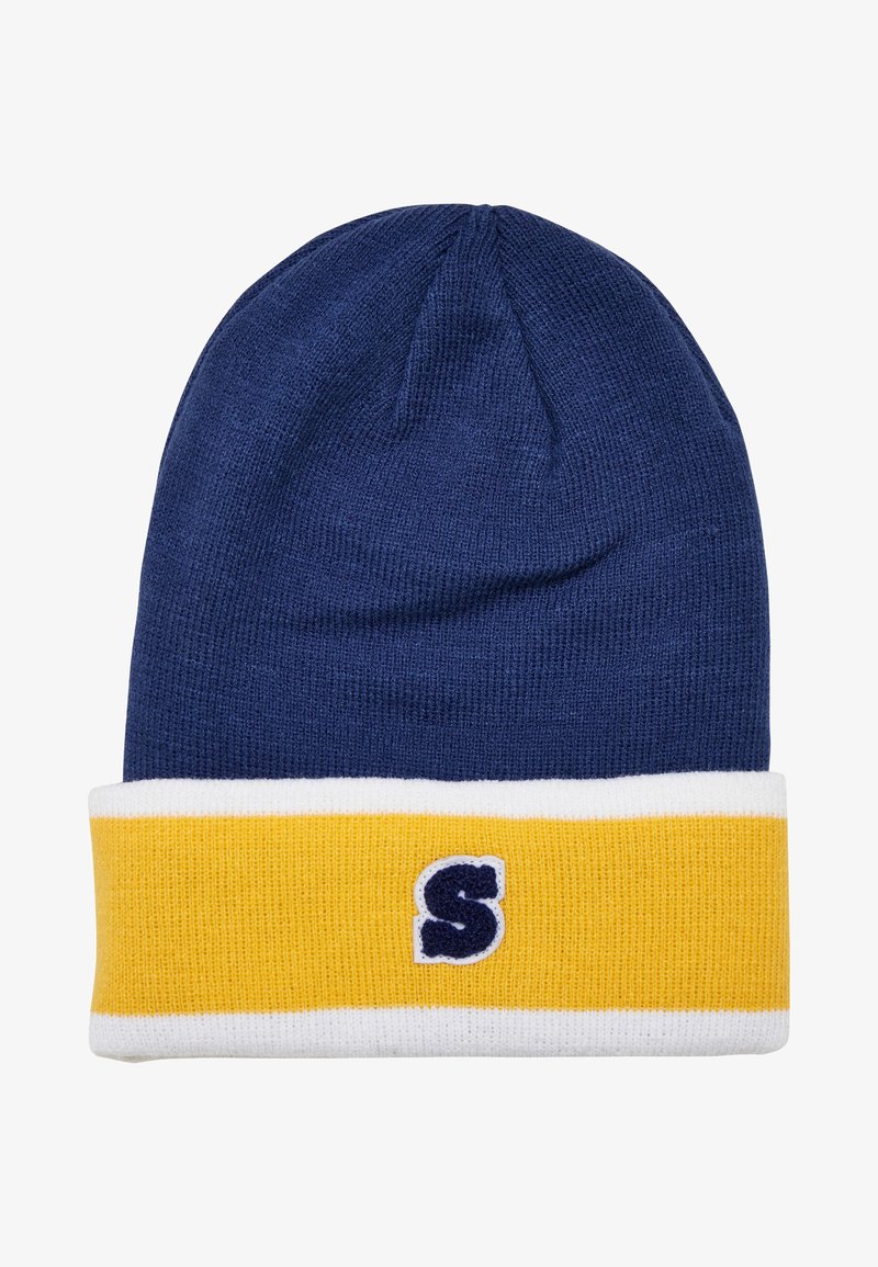 Knitted beanie in navy blue with a yellow and white striped cuff featuring a blue embroidered "S." Soft, stretchable fabric.