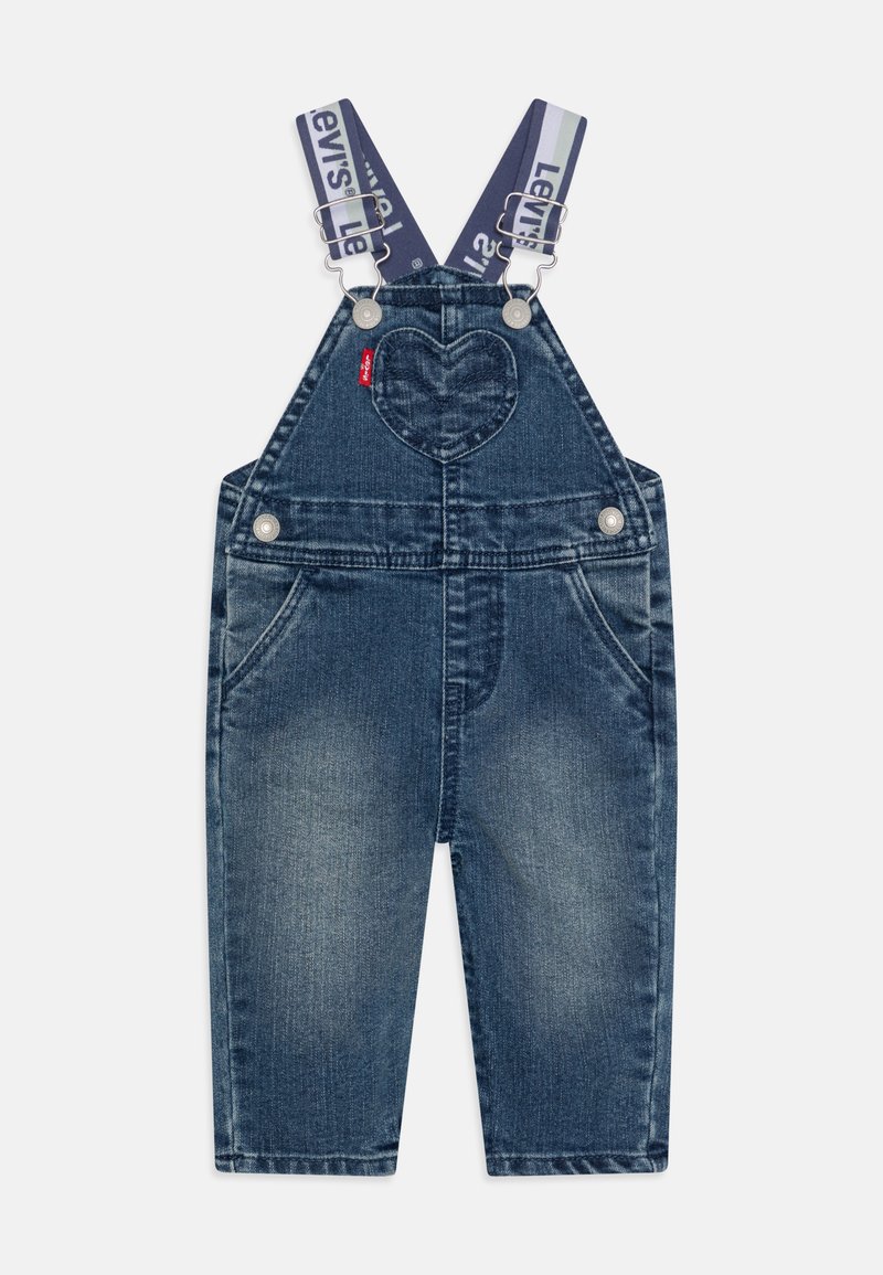 Dunkelblaue Jeanslatzhosen mit verstellbaren Logo-Trägern, herzförmiger Gesäßtasche und frontalen Taschen. Sie verfügen über eine ausgewaschene Optik und metallische Knöpfe.
