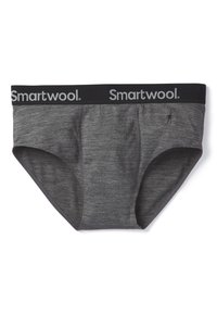 Sous-vêtements gris avec une texture douce, dotés d'une ceinture noire avec le logo "Smartwool". Conçus dans un style slip avec une coupe ajustée.