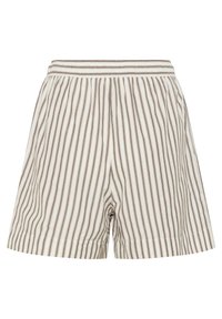 Stribede shorts i et let stof, med lodrette brune striber på en cremelignende baggrund og en elastisk talje.