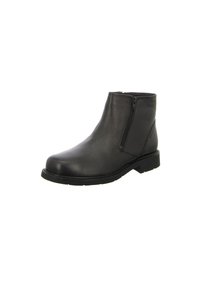 Schwarze Leder-Stiefeletten mit glatter Textur, seitlichem Reißverschluss und niedrigem Absatz. Abgerundete Spitze und Gummisohle für besseren Halt.