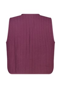 Mouwloos vest in een diepe paarse kleur met verticale geribbelde textuur, afgeronde zoom en een eenvoudige halslijn. Geen extra versieringen aanwezig.