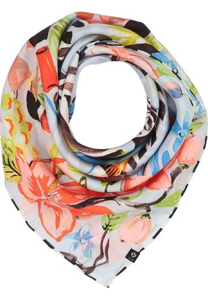 Square silk scarf folded in a spiral with colorful floral and leaf patterns on a white background.