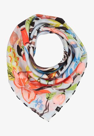 Square silk scarf folded in a spiral with colorful floral and leaf patterns on a white background.