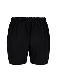 Pantaloni shorts neri con un elastico in vita, caratterizzati da una superficie liscia e una vestibilità comoda. Nessun motivo visibile o dettagli in metallo.