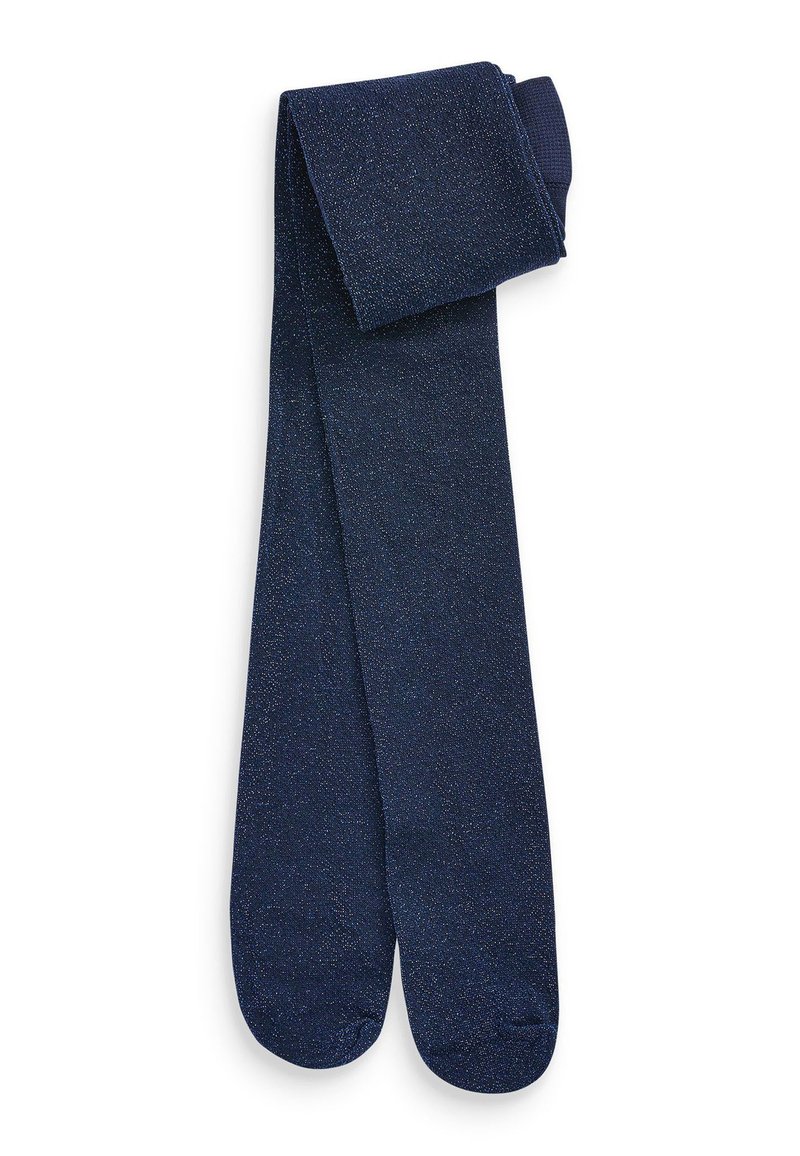 Collant glitter blu navy realizzati in un materiale morbido e elastico; presentano una superficie liscia e sono piegati in cima per una facile conservazione.