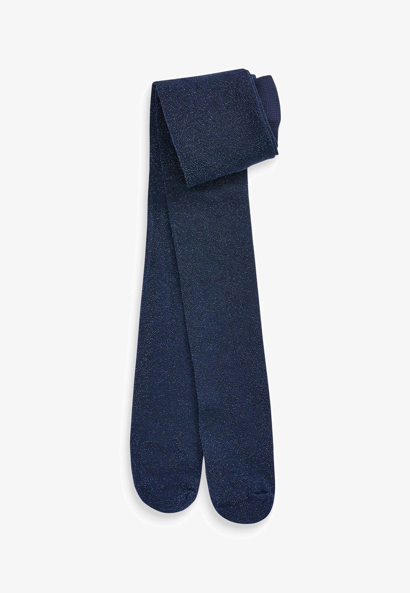 Collant glitter blu navy realizzati in un materiale morbido e elastico; presentano una superficie liscia e sono piegati in cima per una facile conservazione.