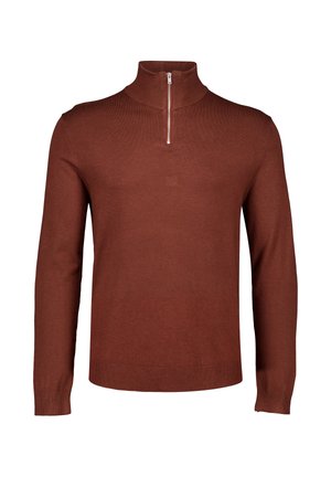 Brauner langärmliger Strickpullover mit gerippten Bündchen und Saum, ausgestattet mit einem kurzen silbernen Reißverschluss an einem hohen Stehkragen.