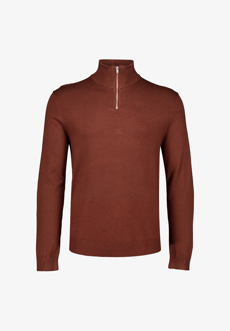 Maglione marrone a maniche lunghe in maglia con polsini e orlo a coste, caratterizzato da una corta cerniera argentata su un collo alto a imbuto.