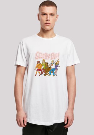 White cotton t-shirt featuring a colorful graphic of Scooby-Doo characters, including Scooby and gang, in bold, cartoon-style detail.