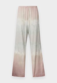Wide-leg trousers made of lightweight fabric, featuring a gradient tie-dye pattern in soft pastels: pink, mint, and creamy beige. Elastic waist.