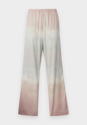 Pantalones de pierna ancha hechos de una tela ligera, con un patrón degradado de tie-dye en suaves tonos pastel: rosa, menta y crema. Cintura elástica.
