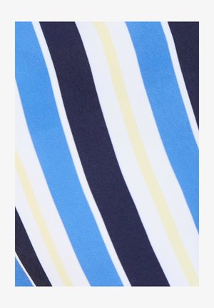 Strisce diagonali di tessuto in blu, blu navy, bianco e giallo pallido alternate in un motivo ripetuto.