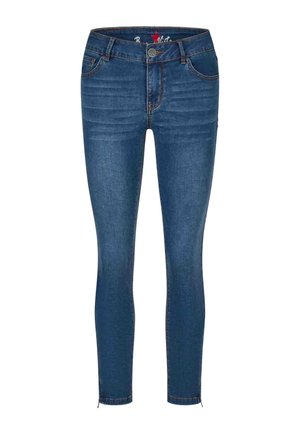 Blaue Slim-Fit-Denim-Jeans mit Vordertaschen, Gürtelschlaufen, Knopfverschluss und dezenten Whiskering-Details an den oberen Oberschenkeln.