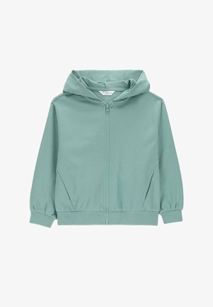 Jasnozielona bluza z kapturem zapinana na zamek, z długimi rękawami, przednimi kieszeniami, elastycznymi mankietami i kapturem.