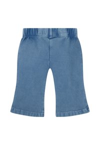 Pantalon bleu effet denim avec une taille élastique douce et un design à jambes évasées. Texture lisse sans motifs ni embellissements visibles.