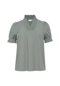 Lichtgroene blouse met een V-hals en geplooide kraag. Beschikt over pofmouwen met gerimpelde manchetten en een soepele textuur.