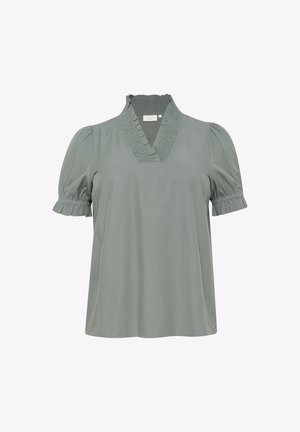 Svijetlozelena bluzica s V-izrezom i naboranim kragnom. Ima nabrekle rukave s nabranim manžetama i glatku teksturu.