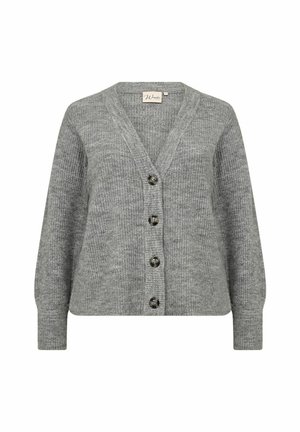 Cardigan tricoté gris avec un col en V, fermeture à cinq boutons à l'avant, manches longues et tissu texturé. Comprend de gros boutons noirs.