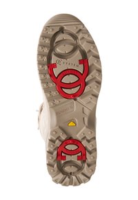 Lekko beżowa podeszwa buta z wielokierunkowymi wypustkami, czerwonym mechanizmem blokującym i żółtym akcentem. Charakteryzuje się teksturowanym wykończeniem i wypukłym logo.